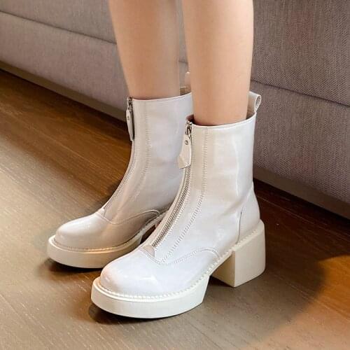 Fashion Mid-Heel Ladies Martin Boots New Patent Leather Zipper Round-Toe Short Boots Cowhide Comfortable Breathable Women Shoes
