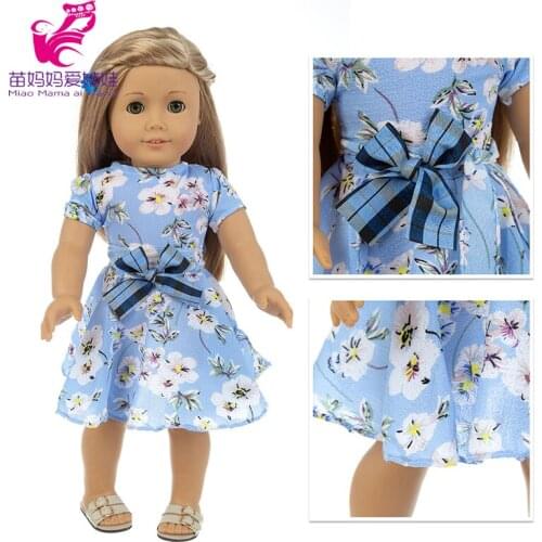 Baby Doll Dress Flower Bow for 18 Inches Girl Doll Clothes Blue Summer Waist Dress