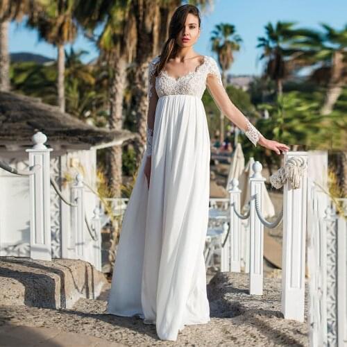 Elegant Chiffon A Line Wedding Dresses V-neck Long Sleeve Empire Waist Backless A Line Wedding Gowns with Applique
