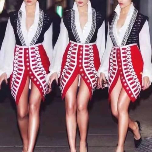 High Street Autumn New Black Red Open Fork Button Bodycon Rayon Bandage Skirt 2021 High Quality Fashion Party Skirt