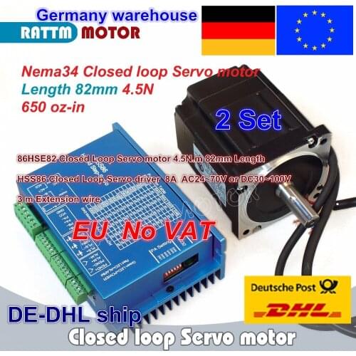 EU free 2 Sets Nema34 4.5N.m Closed Loop Servo motor Motor Kits 82mm 6A & HSS86 Hybrid Step-servo Driver 8A CNC Controller Kit