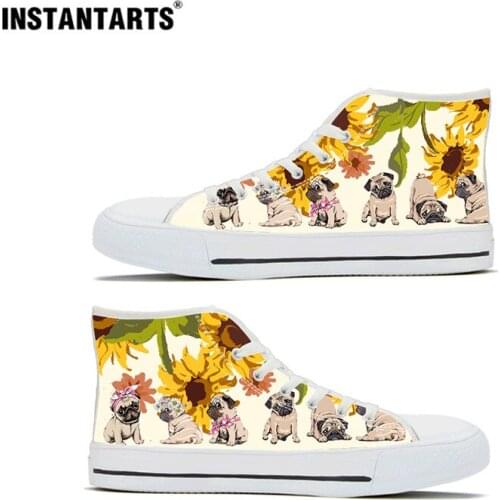 INSTANTARTS Cute Cartoon Pug Pattern Women’s Sneakers Classic High Style Canvas Shoes for Teen Girls Dog Print Vulcanized Shoes