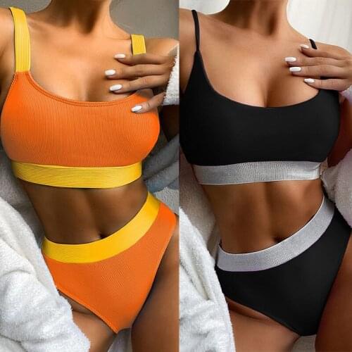 Sexy Vest Type Two Piece Swimsuit Splicing Swimwear Women Push Up Bikini Set High Waist Bikinis Biquini Padded Bathing Suits