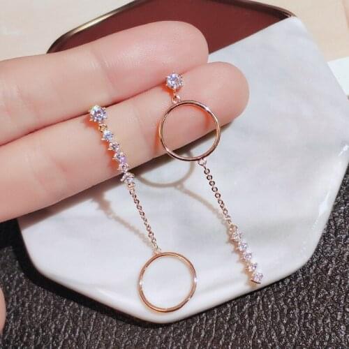 Fashion Geometric Circle Pendant Long Tassel Earrings 925 Silver Drop Drape Asymmetric Earrings Elegant Crystal Fine Jewelry