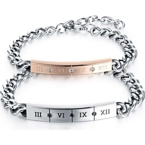 Fashion Couple Jewelry Roman Numerals 3 6 9 12 ID Bracelet Stainless Steel with CZ Lovers Bracelet 1 Piece for Women or Men