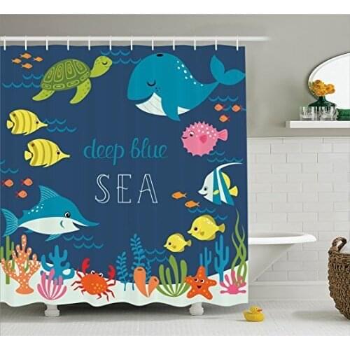 Cartoon Shower Curtain Artsy Underwater Graphic with Algaes Coral Reefs Turtles Fishes The Life Aquatic Waterproof Bath Curtains