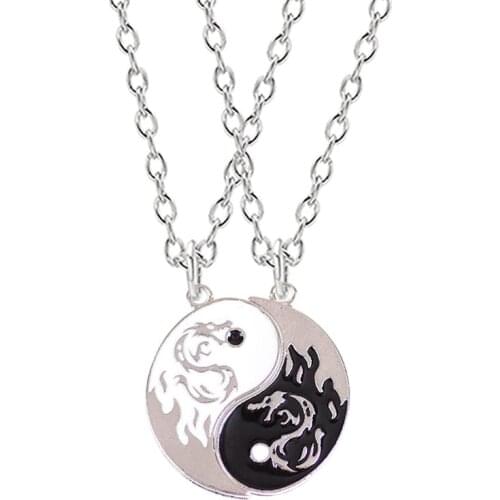 2 Piece Set Best Friend Necklace Retro Dragon Paired Pendant Bff Friendship Tai Chi Pendants and Necklace Birthday Gift
