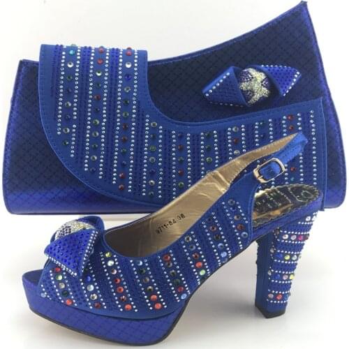 Italian Ladies Shoe and Bag Set Decorated with Rhinestone Nigerian Shoe and Bag Set for Party In Women Italy Shoes ME7716 blue