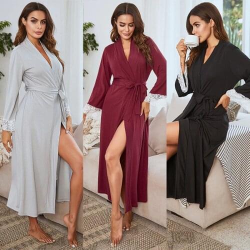 Sleepwear New Style Knitted Nightgown Female Lace Decoration Long Pajamas with Belt Solid Color Robes for Women Sexy Bathrobe