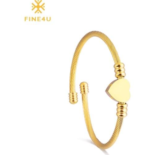 2018 New FINE4U B032 316L Stainless Steel Cuff Bangle Bracelet Twisted Cable Heart Bracelet For Women Gold/Rose Gold Bangles