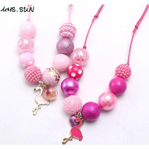 MHS.SUN baby girls chunky bubblegum necklace for kids flamingo pendant handmade child adjustable rope jewelry beads necklace 1PC