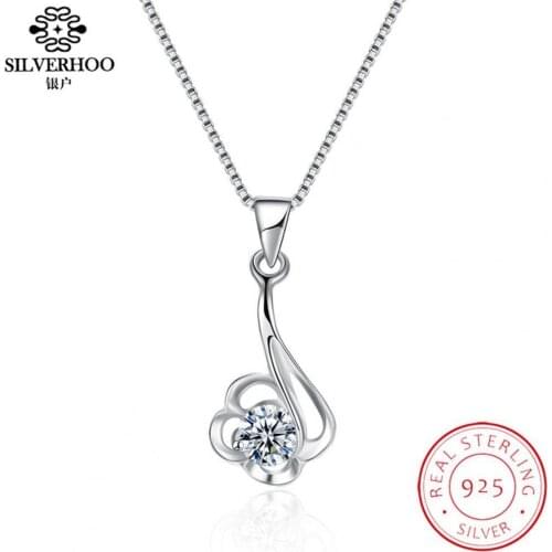 SILVERHOO 925 Sterling Silver Cute Flower Pendant Necklaces For Women Trendy Simple Silver Jewelry Circle Cubic Zircon Necklace