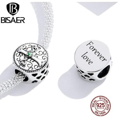 BISAER Tree of life & Cross Beads 925 Sterling Silver Round Green Zircon Charms S925 Pendant Fit DIY Bracelet Necklace ECC1510