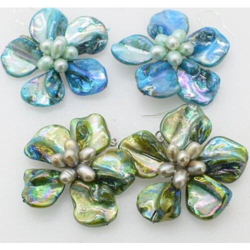 One pair freshwater pearl and shell flower blue/green earrings 40-50mm wholesale beads nature FPPJ
