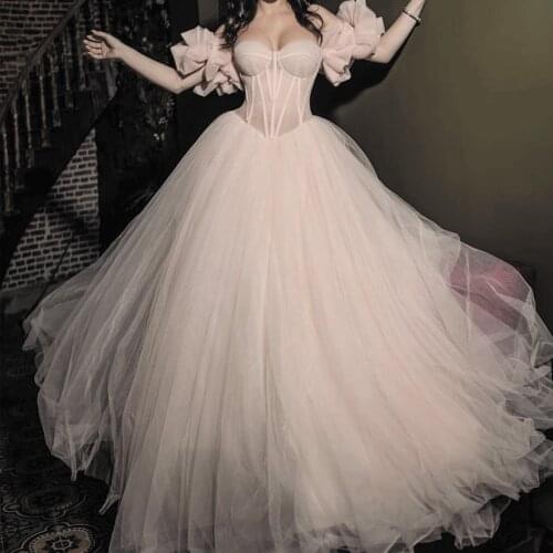 SuperKimJo Arabic Ball Gown Prom Dresses 2020 Off the Shoulder Elegant Simple Pale Pink Prom Gown Bestidos De Gala