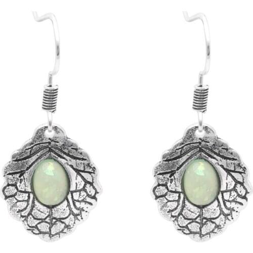 UFOORO Charm Milk Green Round Opal Jewelry Set For Women Earrings Leaves Vintage Silver Jewelry Engagement Commemorate Gift