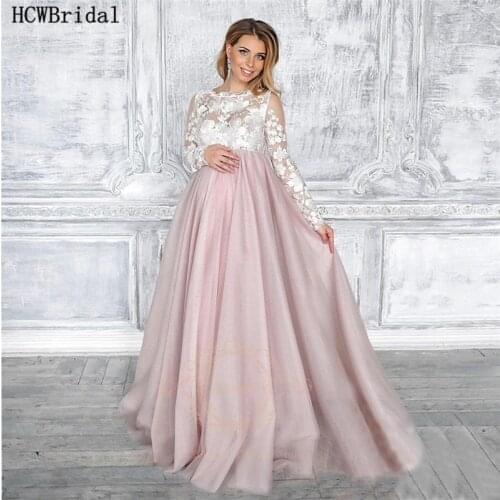 Long Sleeves High Waist Pregnant Women Evening Dress Lace Tulle A Line Long Formal Dresses Plus Size Prom Party Gowns Cheap