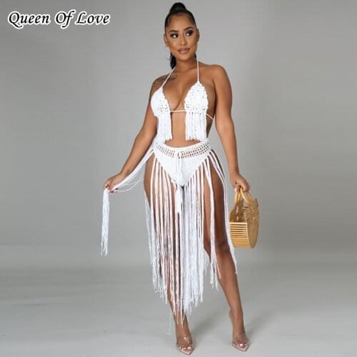 Swimwear Crochet Bikini Outfits 2021 Summer Sexy See Through Cover Up Skirt Hollow Out 2 Piece Knitted Beach Skirts Matching Set