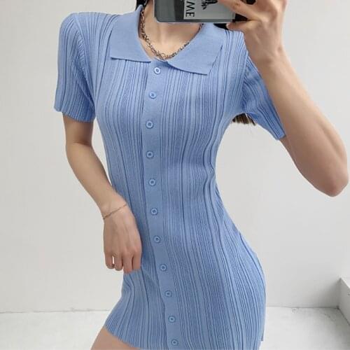 WOMENGAGA Polo Neck Short Sleeve Knitting Screw Thread Package Hip Dress Solid Color Tight Elasticity Mini Dresses Women 6V2B