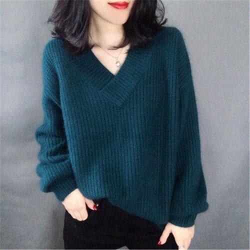Womens Knitwear sexy V-Neck Oversized tops Lantern sleeve cashmere knitted Korean style Autumn and winter Loose sweater