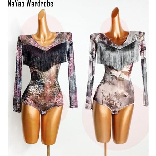 Long Sleeve Tassel Floral Latin Dance Dress Women Bodysuit Latin Dance Tops for Ballroom Tango Chacha Dancing Performamnce DL639