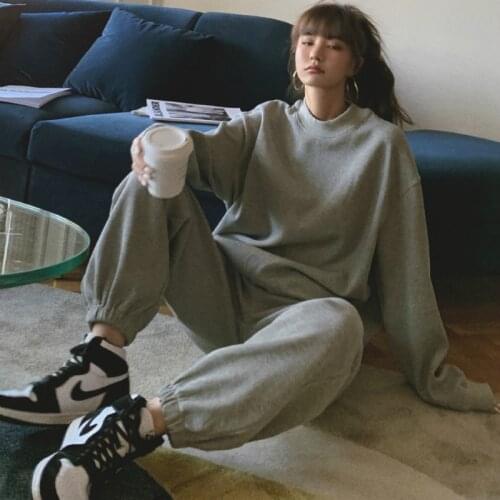 2021 New Women Spring Casual Tracksuits Cotton Hoodies 2 Two Piece Set Solid Color Sweatshirt + Elastic Waist Long Sweatpants