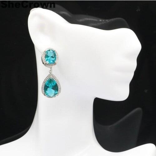 34x14mm 2020 New Arrival Created Rich Blue Aquamarine Green Peridot White CZ Gift For Sister Silver Earrings