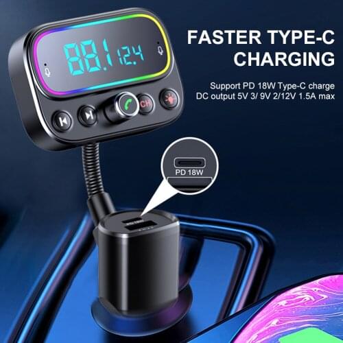 Car Bluetooth FM Transmitter Car MP3 Music Player Car PD3.0 QC Fast Charge Aux Audio Output Voltage Display Ambient Ligh