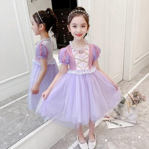 Girls Summer Princess Dress Mesh Lace Sequined Clothing Elegant Kids Birthday Party Ball Gown Costume For Children