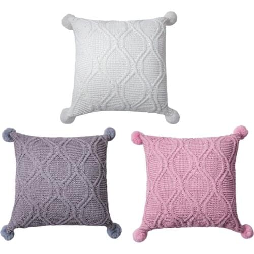 Home Decorative Throw Pillow Case Soft Luxury Chenille Knitted Plaid Pattern Solid Square Cushion Cover with Tassels