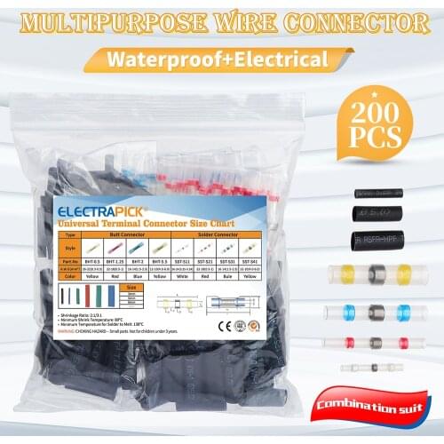 Electrapick 200Pcs Electrical Wire Cable Heat Shrink Butt Terminals Waterproof Solder Seal Tinned Splice Terminal 10-25 AWG