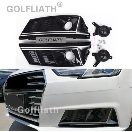 GOLFLIATH New A4 B9 upgrade to RS4 Style Honey comb fog light grill front bumper grille Glossy Black for 2016 2017 A4 B9