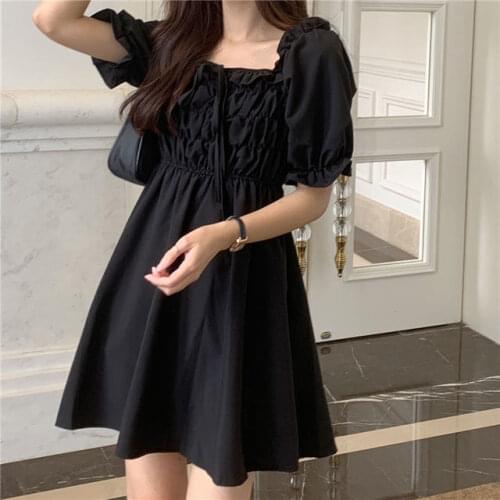 Hstar Square Collar Short Puff Sleeve Fold Large Size Dresses Female Fashion Korean Style Dress Summer Cute Dress For Women