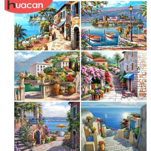 HUACAN Diamond Painting Town Full Square Round Drill Diamond Embroidery Seaside Landscape Cross Stitch Mosaic Decor For Home