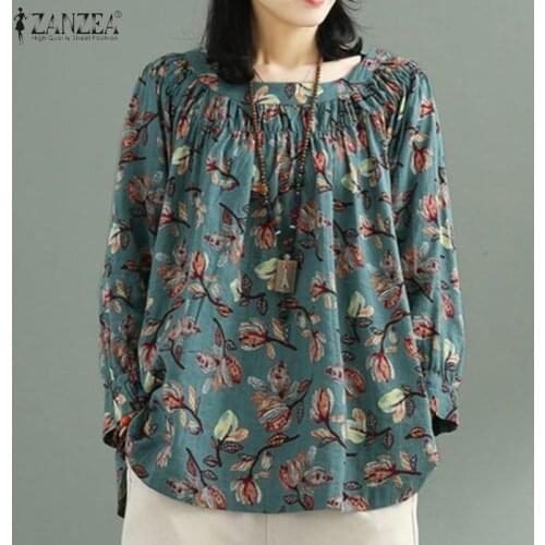 ZANZEA 2021 Kaftan Printed Tops Womens Floral Blouses Long Sleeve Blusas Female O Neck Tunic Casual Pleated Chemise Plus Size