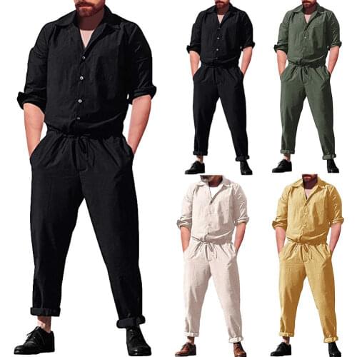 Mens Slim Long Romper Long Sleeve Street Casual Cargo Pants Jumpsuit Siamese Trousers Solid