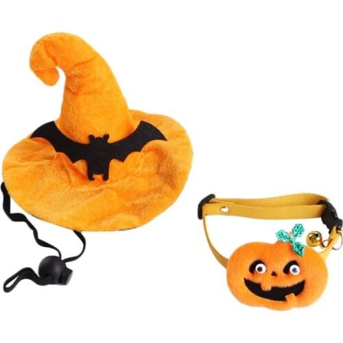 Pet Dog Cat Collar Hat Set Halloween Pumpkin Adjustable Party Dress Up Costume Hat Tie Set Dogs Cats Pet Clothing Accessories