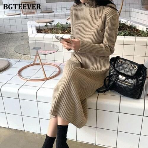 BGTEEVER Autumn Winter Turtleneck Solid Sweater Dress for Women 2021 Casual Buttons Long Sleeve Loose Female Knitted Dress