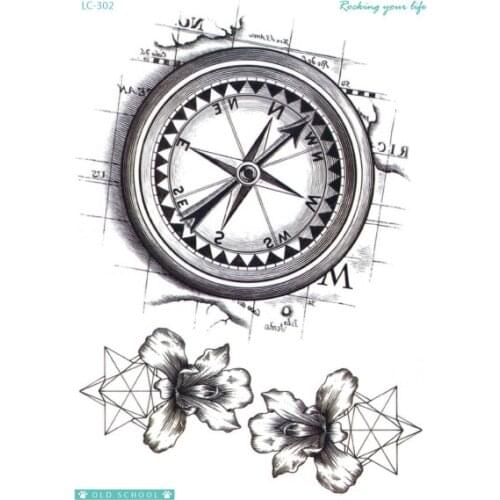Rocooart LC302 Vintage Style Big Fake Taty Tatouage Compass Tatoo Sticker For Women Men Sketch Flowers Temporary Tattoo Sticker