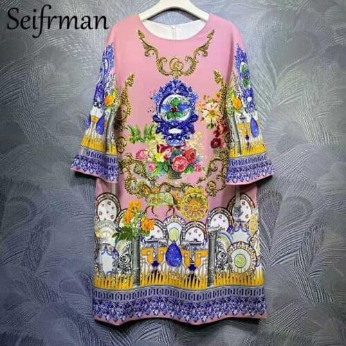 Seifrmann New 2021 Summer Women Fashion Runway Party Midi Dress Half Sleeve Gorgeous Crystal Beading Vintage Print Loose Dresses
