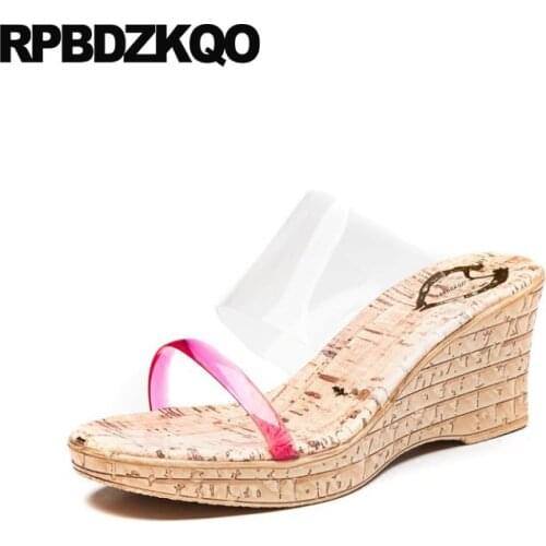 Cork fabric slides designer transparent platform summer high heel fashion shoes 2018 women sandals clear slippers wedge beach
