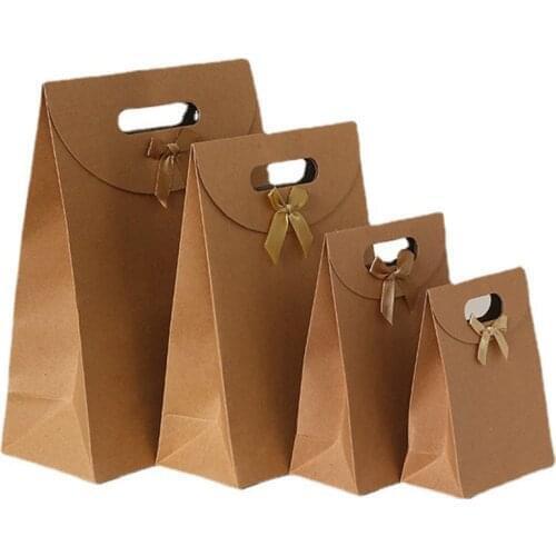 Kraft Paper Bag Simple Solid Color Portable Gift Paper Bag Bow Knot Hand Bag Creative Flat Gift Bag