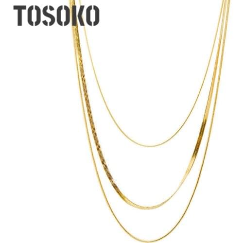 TOSOKO Stainless Steel Jewelry Ins Retro Simple Blade Clavicle Chain Three Layer Overlay Necklace BSP688