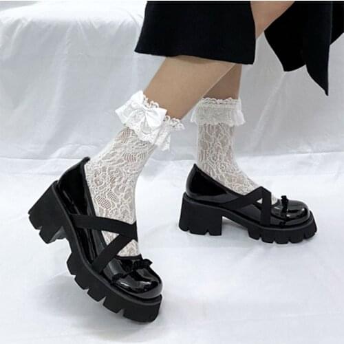 Lolita Shoes Cross-tied Elastic Band Platform Shoes Mid Heels Thick Sole Women Boat Shoes Pumps Round Toe Girls Shoes 9144N