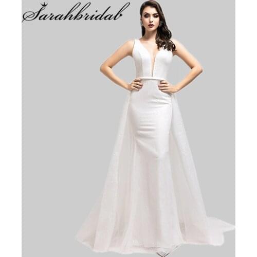 In Stock Charming Prom Gowns Floor Length Mermaid Party Dress Arabic Deep V Neck Sleeveless Empire Backless Robe De Soiree 5506