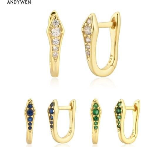 ANDYWEN 925 Sterling Silver Gold Three Color Clear Green Blue Hoops Piercing Pendiente piercing Clips Wedding Rock Punk Snake