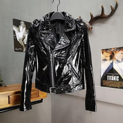 2020 Spring Autumn Sheepskin Genuine Leather Jacket Women OL Slim Patent Leather Zipper Coat Short Jackets M-3XL Black A206