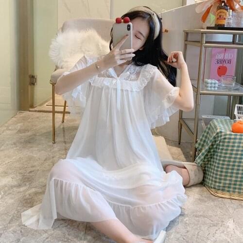 Sweet Ruffles Trim Mesh Nightgown Lady Sexy V-Neck Home Dress Lovely Princess Long Nightdress Summer Butterfly Sleeve Sleepwear