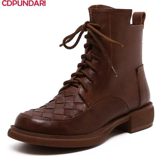 Ladies Genuine Leather Low Heels Ankle Boots Women Autumn Winter Punk Martin Short Boots Shoes Bottine Femme Botines Mujer