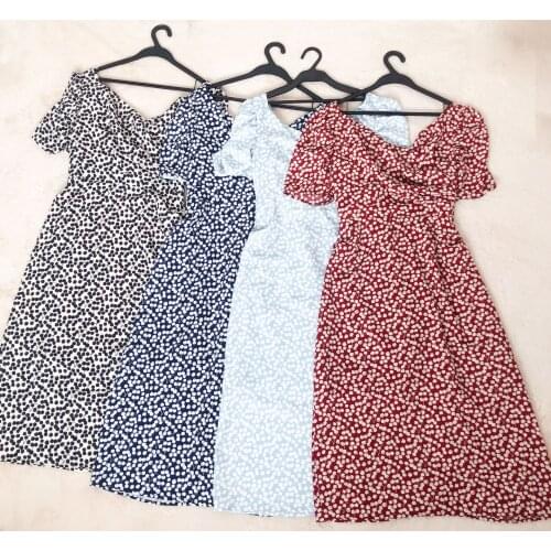 Ladies Wrap V Neckline Puff Sleeve Floral Printed Midi Dress